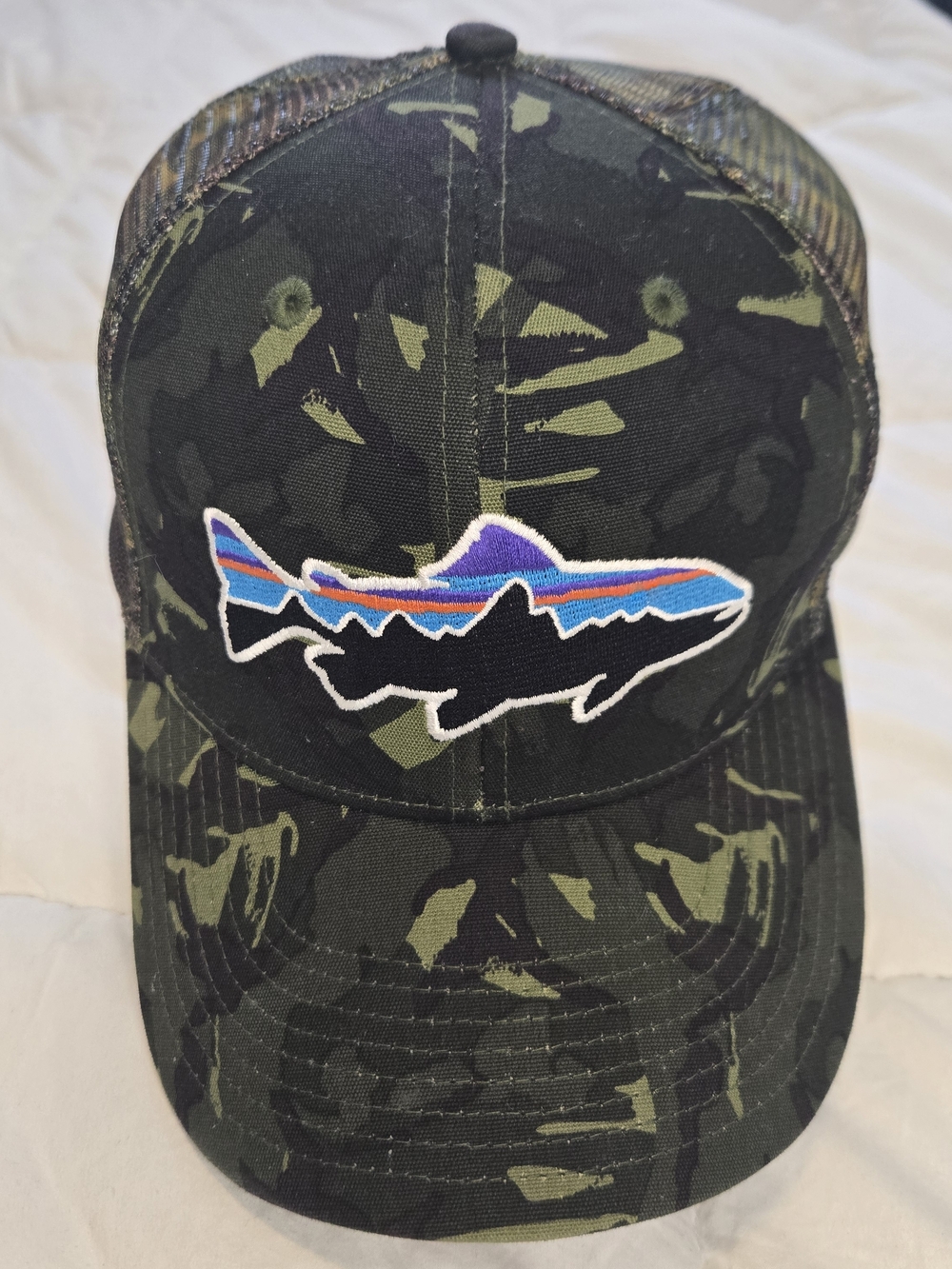 Patagonia Camouflage Mesh Trucker Hat with Multicolor Logo